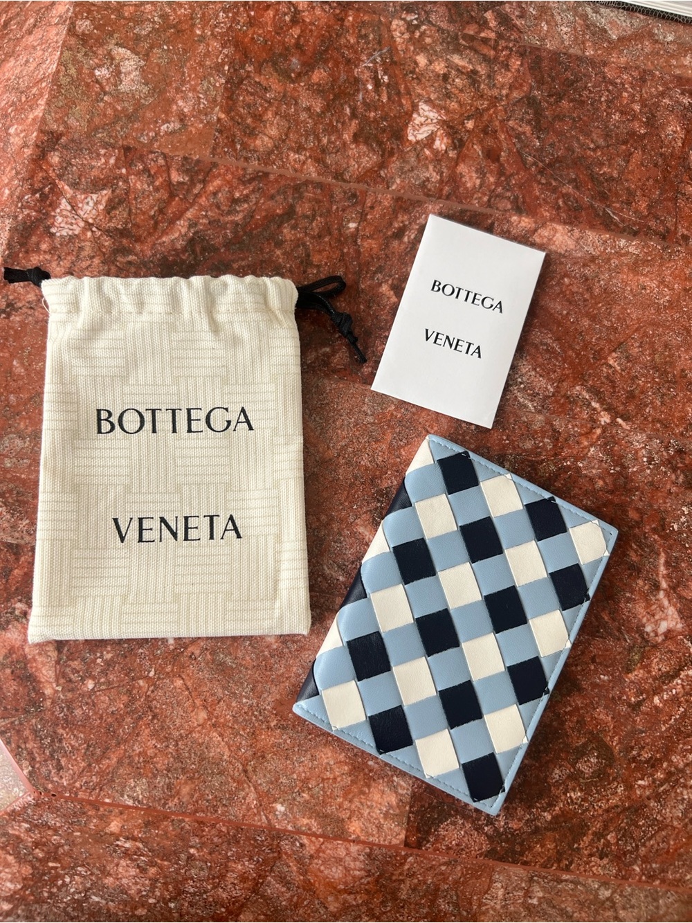 Blue and White Bottega Veneta Passport Holder